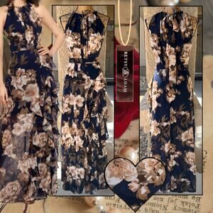 Betsy & Adam Navy and Antique Printed Karla Chiffon Halter Ruffle Gown Size 8